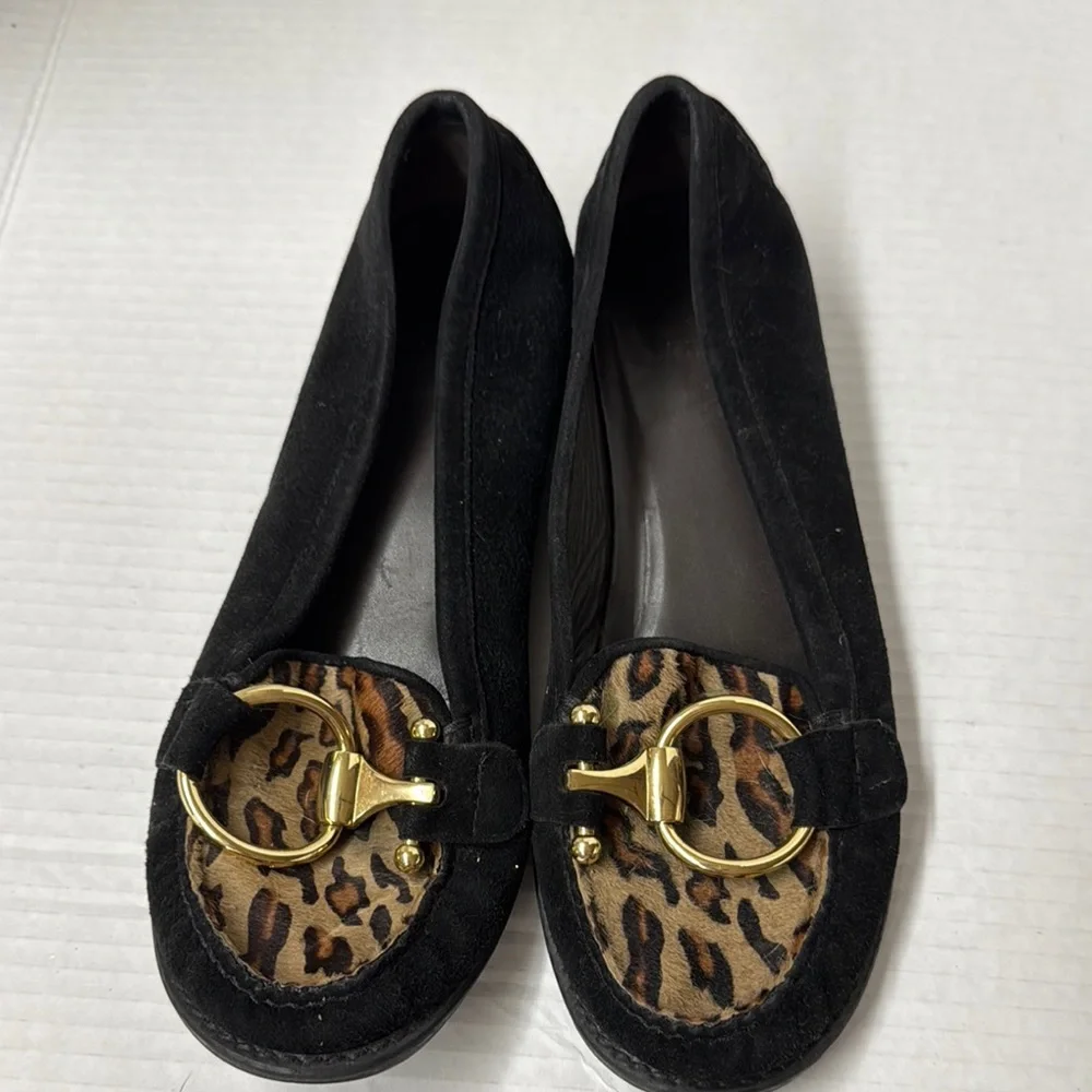 Stuart Weitzman Black and Leopard Print Suede and Calf Hair Flats Size 6.5